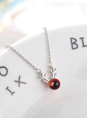 韩版时尚一鹿有你红色石榴石鹿角项链女少女小清新气质镀金锁骨链