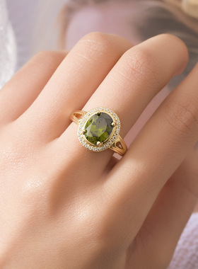 欧美高端气质珠宝女士时尚椭圆形橄榄绿硞石镶钻镀18K黄金色戒指