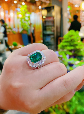 女士珠宝带棉絮仿真祖母绿碧玺硞石镶满钻公主气质长方形镀金戒指