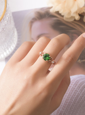 欧美高端珠宝女士镂空蝴蝶结仿真蓝宝石绿碧玺镀白金戒指可调节