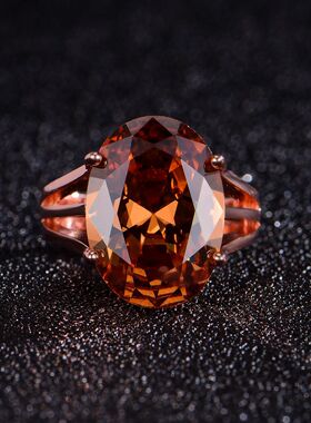 欧美高端珠宝女士时尚气质椭圆形香槟色锆石镶钻镀玫瑰金色戒指