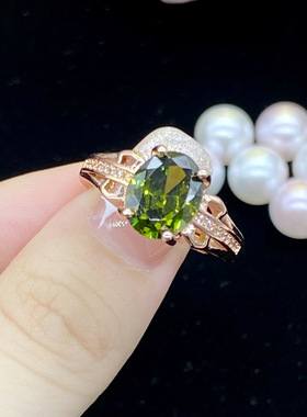 高端珠宝女士橄榄绿香槟色仿真摩根石祖母绿碧玺镀玫瑰金戒指女