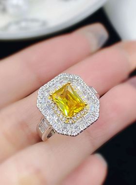 欧美高端珠宝少女简约甜美公主方仿真黄水晶满钻分色镀金戒指钻戒