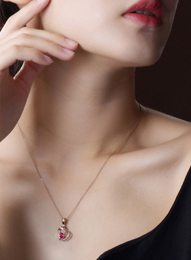 欧美高端珠宝女友结婚甜美爱心仿真红碧玺宝石镀玫瑰金吊坠项链