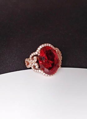 少女学生仿红碧玺红水晶镀玫瑰金甜美戒指名媛风红宝石高级钻戒