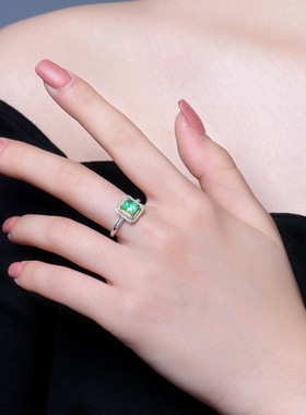 欧美高端珠宝女士时尚气质公主方形仿真祖母绿碧玺分色镀金戒指