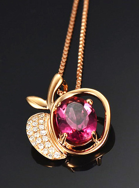 欧美高端珠宝少女气质仿真红碧玺苹果造型吊坠镀玫瑰金甜美项链