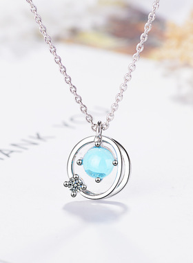 韩版时尚人造蓝色水晶星球项链少女学生简约甜美硞石吊坠锁骨链