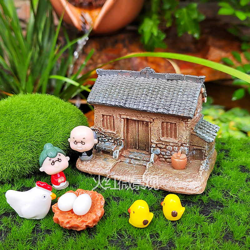 乡村瓦砖房农村小院微景观小摆件吸水石假山盆景庭院盆栽造景装饰 - 图2