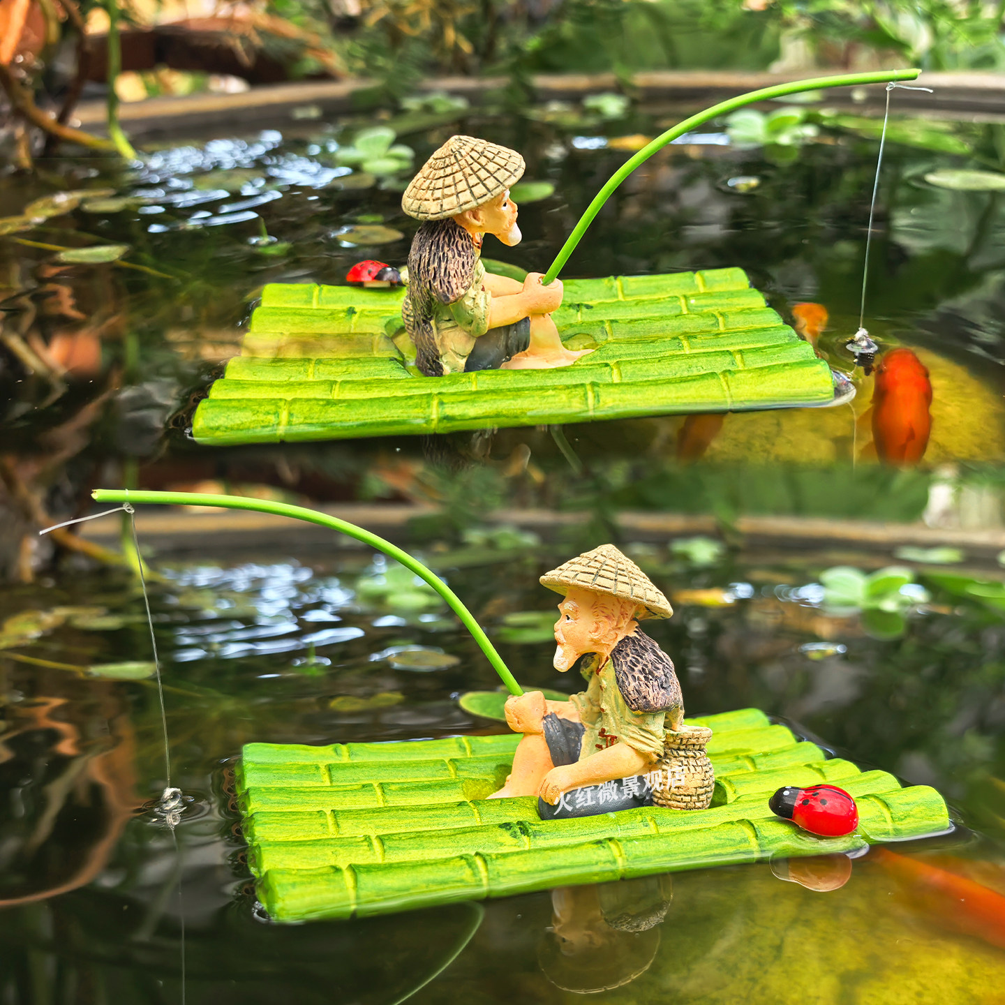 可漂浮竹排竹筏姜太公钓鱼翁摆件庭院水缸鱼池造景鱼缸悬浮喂食器,淘宝优惠券,粉丝福利购,淘宝优惠卷