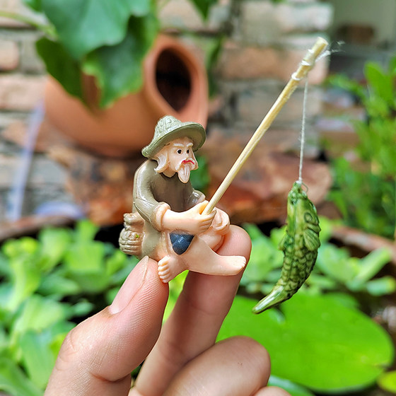 Fire Red Illusion Miniature Fishing Man Ornament
