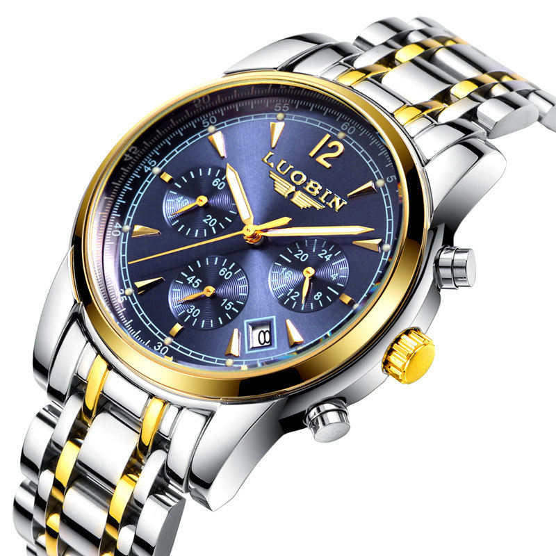 罗宾正品钢带夜光防水多功能石英表 luobin国产腕表