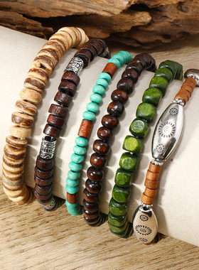 新款木珠合金CCB6件套多层弹力手镯手链 欧美简约复古多件套手镯