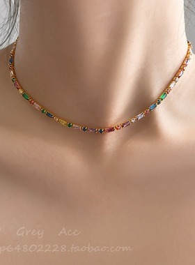 韩国炫彩撞色彩色锆石手链女小众设计ins时尚百搭长款简约项链
