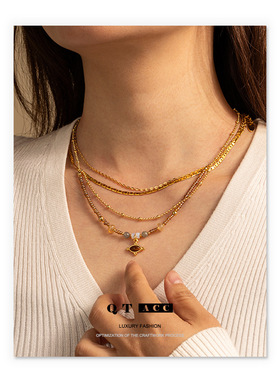 欧美复古跨境时尚黄铜镀金高级感虎眼石玛瑙锆石项链简约百搭项饰