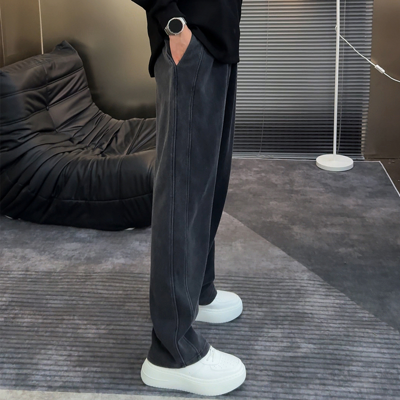 水洗灰休闲裤男春秋慵懒风松弛感宽松垂感阔腿裤直筒运动卫裤男士 - 图1