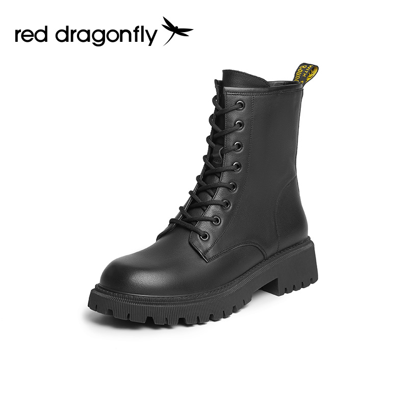 红蜻蜓女鞋官方旗舰店红蜻蜓女鞋秋季新款厚底中筒修腿靴子炸街机车靴真皮马丁靴女0