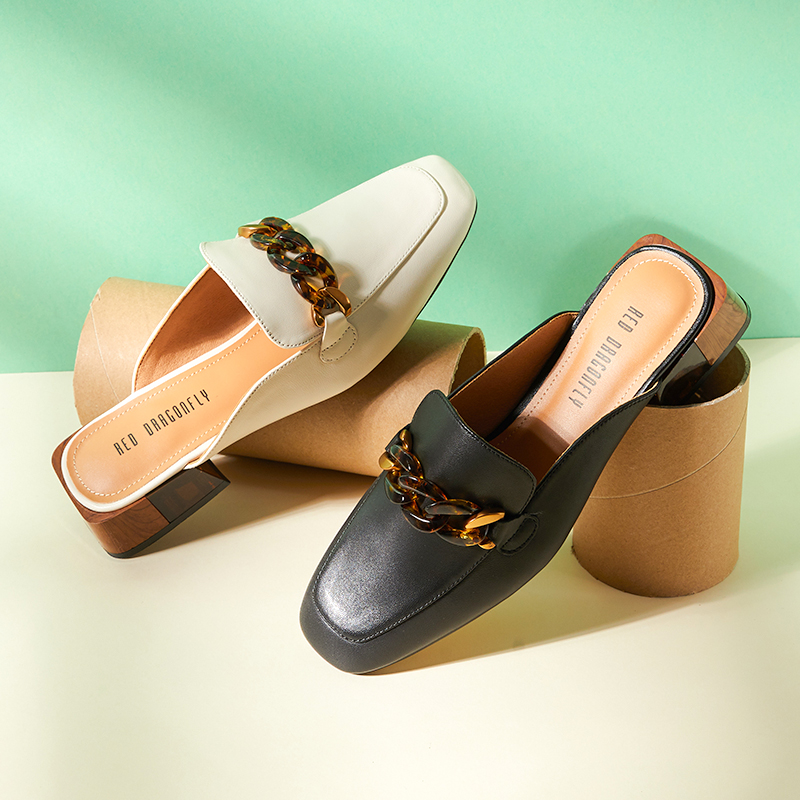 红蜻蜓女鞋官方旗舰店商场专柜同款红蜻蜓女鞋夏季新款一脚蹬方头复古拖鞋女穆勒鞋2