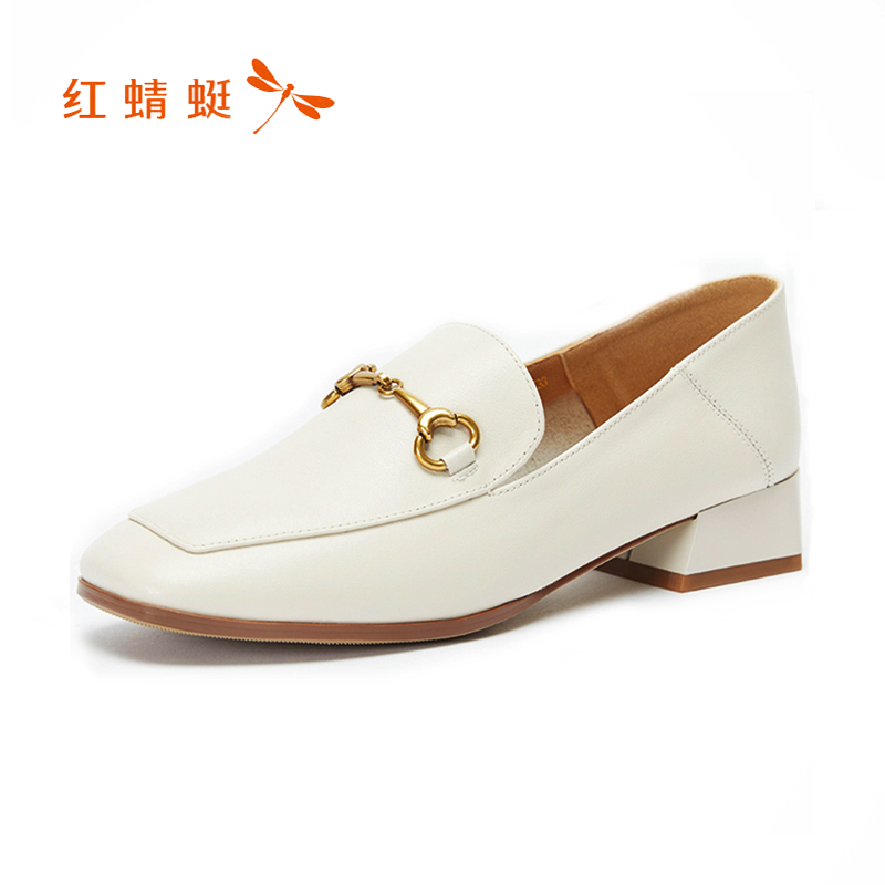 红蜻蜓女鞋官方旗舰店红蜻蜓女鞋春季新款方根英伦小皮鞋舒适中跟方头真皮乐福鞋女0