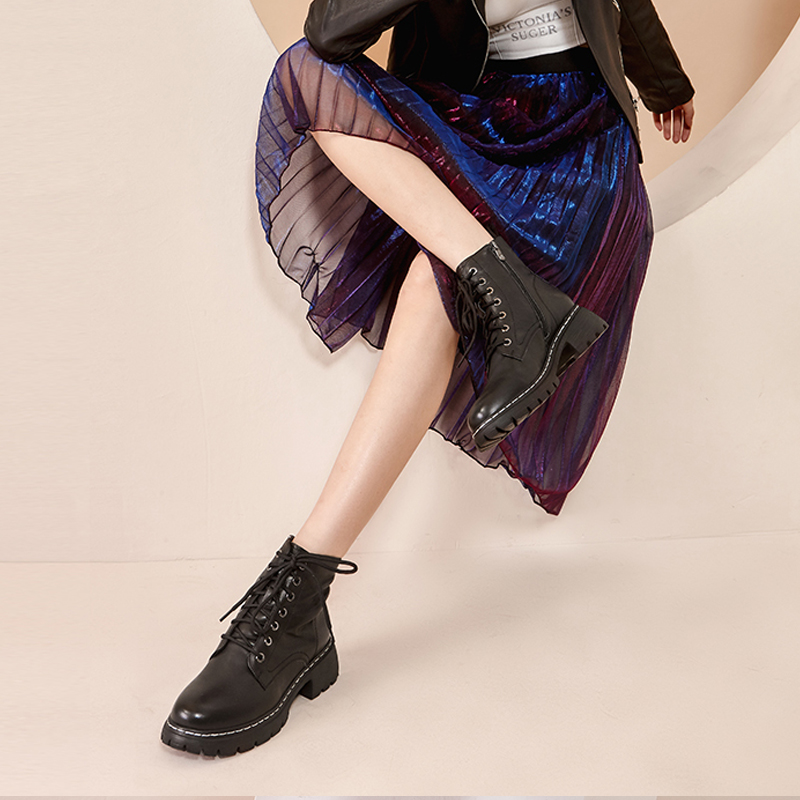 红蜻蜓女鞋官方旗舰店红蜻蜓女鞋秋冬新款厚底短靴子英伦风鞋子ins潮粗跟马丁靴女1