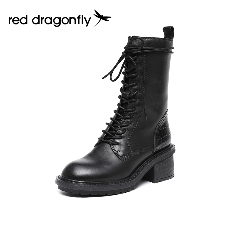 红蜻蜓女鞋官方旗舰店Angelababy同款红蜻蜓马丁靴女机车靴粗跟加绒真皮短靴C1800000Y0