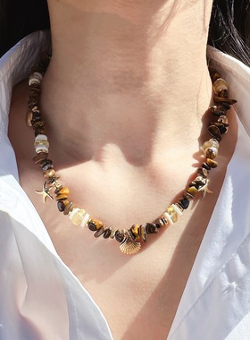 原创虎眼石黄水晶串珠项链海洋度假系天然贝壳海螺锁骨链毛衣链饰