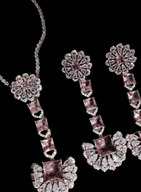 珠宝 繁花粉宝石扇子吊灯耳环 年会高定 太阳花粉钻项链 套装