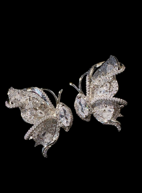 洛丽塔枯叶蝴蝶宝石戒指 Vintage 镀18K金 音符露珠锆石 蝴蝶耳环