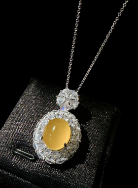 乌拉圭 黄玉髓佛公项链 幂幂同款 新中式 鸡油黄玉髓蛋面锆石耳环