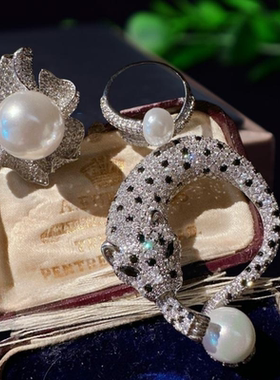 古巴比伦猎豹宝石珍珠胸针 大溪地 深海贝珠 花朵锆石 戒指