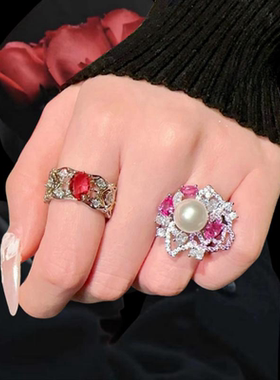 雾色妖姬胭脂红宝石珍珠戒指富贵花镀18K金贵妃红花朵戒指百搭