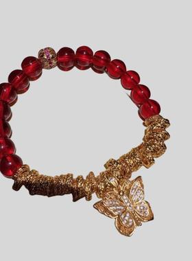 古法金色锤揲盘缠蝴蝶红玛瑙手链 新中式安卡拉葫芦福禄锆石手链