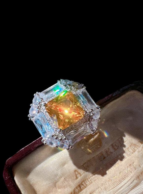 落日熔金方糖宝石项链 古董感 镀18K金 暮光黄肥方大克拉锆石耳环