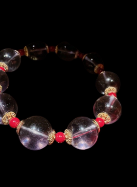 珠宝 粉雾星尘红墩墩珠猫眼拉丝球手链 新中式缎带贵妃粉花朵手串