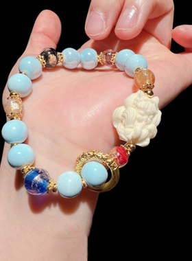 花丝鎏彩 香灰琉璃绿度母手链 新中式布艺盘缠金刚杵手持念珠套装