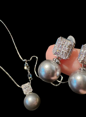 日落水滴 赫本宝石真多麻项链 塔希提 深海贝珠方糖锆石耳环百搭