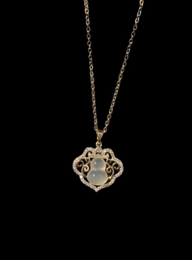 荔枝冻白玉髓葫芦宝石项链水灵水灵镀18K金 冰种树叶玉髓锆石项链