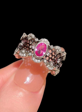 斯坦梅茨粉碧玺蛋形宝石戒指 绝地武士 蕾丝蜂巢 胭脂粉锆石戒指