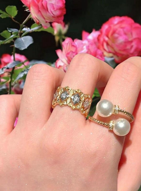 蕾丝蜂巢雪花宝石戒指 古董感 镀18K金 珍珠缠绕戒指百搭