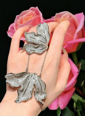 古巴比伦 霜花树叶宝石戒指 古董感 镀18K金 褶皱枯叶 锆石 项链