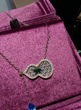 珠宝 蕾丝波纹蓝绿宝石葫芦项链 新中式 雕花球墨绿玛瑙色手串