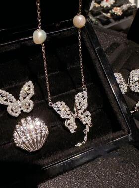 奥地利宫廷璀璨蝴蝶宝石项链 Vintage 破碎感蝴蝶珍珠耳环百搭