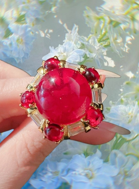 奥地利宫廷 星星宝石戒指 古董感 镀18K金 石榴红糖粽子 锆石戒指