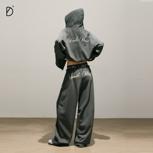 SMILE DDD双腰头套装280g美式宽松裤脚调节卫裤休闲运动开衫卫衣 - 图1