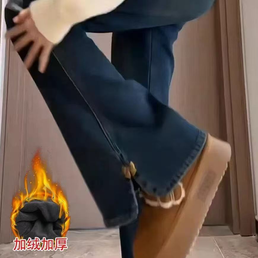 2025新款中大童女童裤子冬装加绒牛仔长裤儿童舒适喇叭裤保暖时尚 - 图0