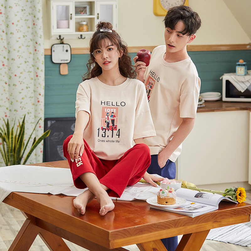 韩版纯棉情侣夏季短袖长裤男士睡衣 俞兆林浙江睡衣/家居服套装