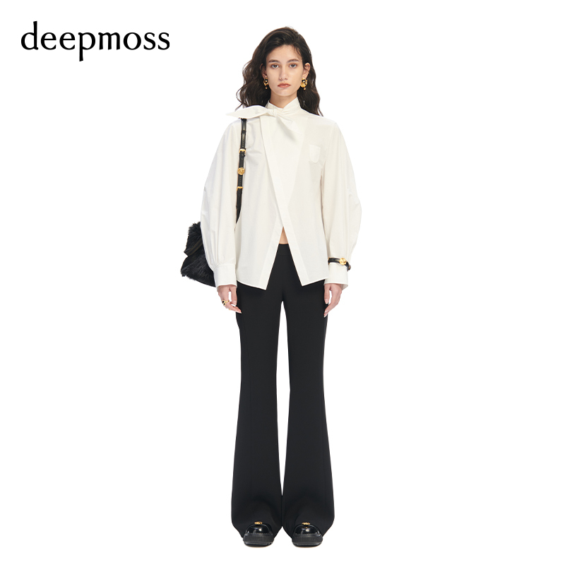 【deepmoss】2023秋冬新款女装时尚休闲白色丝巾结交叠衬衫上衣 - 图0