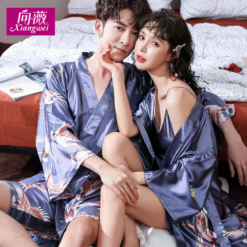 向薇旗舰店睡袍情侣薄款冰丝睡衣女士夏季浴袍长款丝绸春秋家居服晨袍浴衣男1