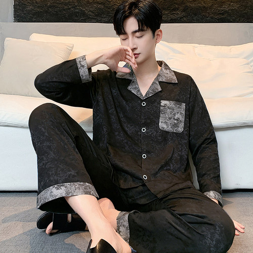 男士高级感撞色提花丝质睡衣春夏天可外穿长袖凉感冰丝家居服套装 - 图0