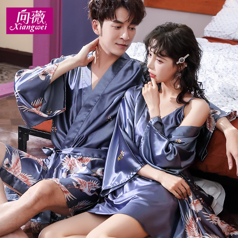 向薇旗舰店睡袍情侣薄款冰丝睡衣女士夏季浴袍长款丝绸春秋家居服晨袍浴衣男2